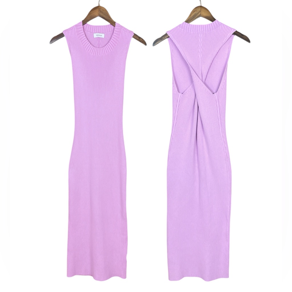 Naadam Twist Back Ribbed Cashmere Midi Dress Lavender Purple Sleeveless Bodycon